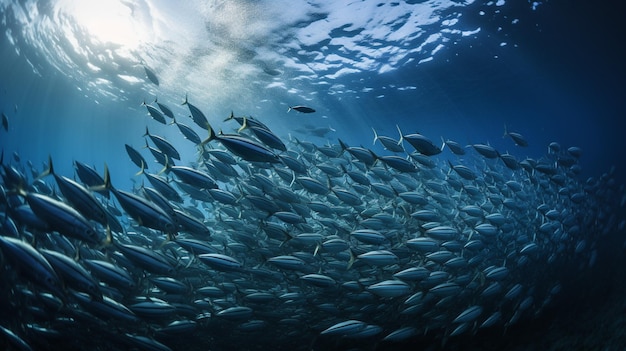 Un banc de poissons est sous l'eau