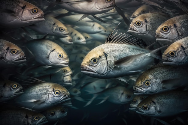 Banc de poissons avec fond d'eau bleue AI Generation