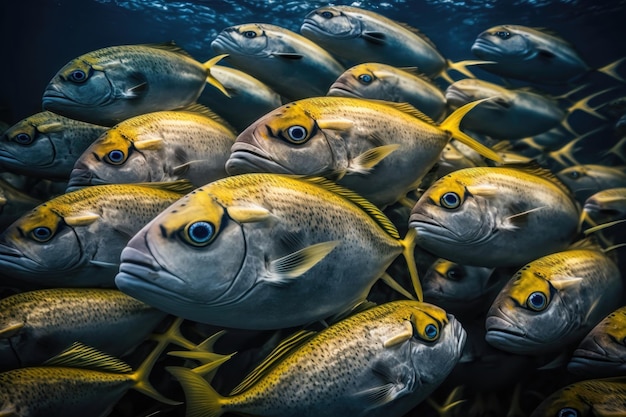 Photo banc de poissons avec fond d'eau bleue ai generation