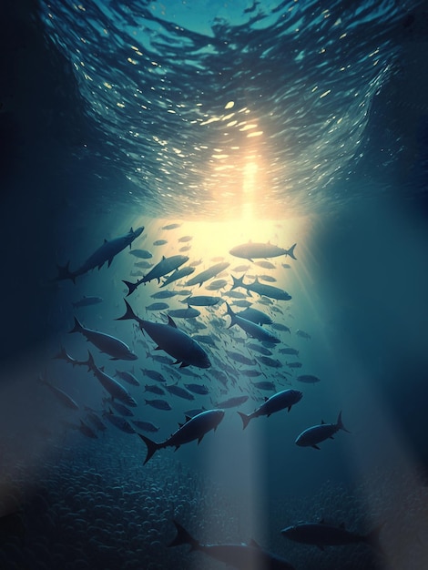 Banc de poissons avec la lumière du soleil à travers la surface sous l'eau dans la mer méditerranée tropical illustrati