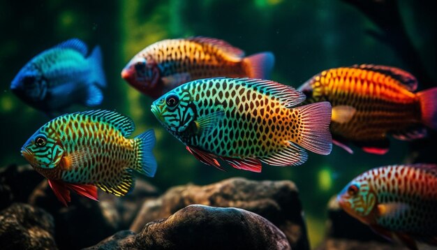 Photo un banc de poissons rayés multicolores nagent dans la beauté naturelle ci-dessous généré par l'intelligence artificielle