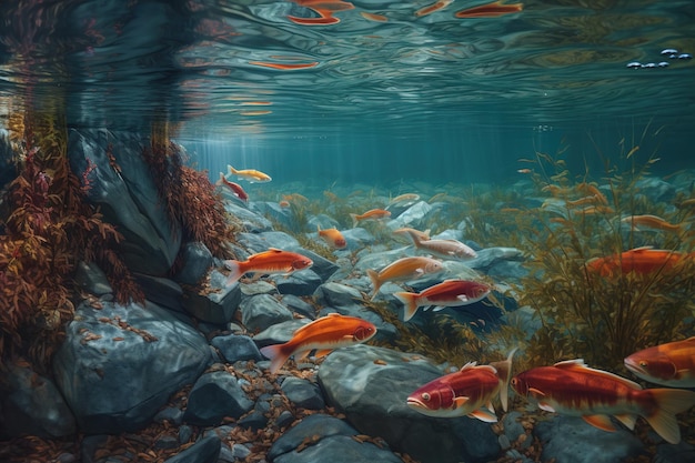 un banc de poissons se déplaçant ensemble sur une immense étendue d’eau