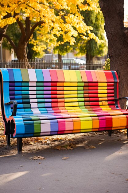 Photo banc qui est peint dans différentes couleurs d'arc-en-ciel ia générative