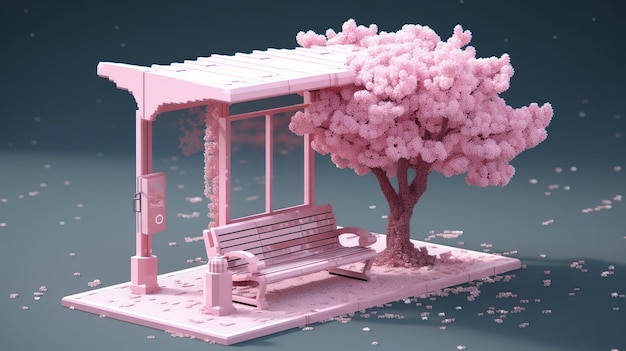 Un banc rose avec un arbre en arrière-plan