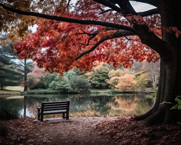 un banc se trouve devant un lac avec des feuilles rouges