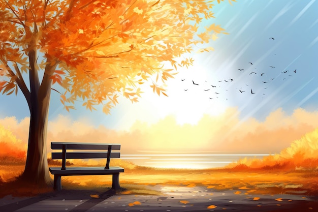 Un banc sous un arbre d'automne au lever du soleil paysage d'automne ai générative