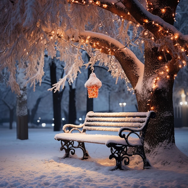 banc sous un arbre avec des lumières de Noël dans Winter Park généré ia