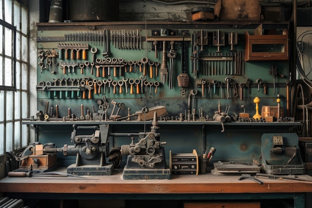 Un banc de travail rempli d'outils et d'équipements variés prêts pour n'importe quel projet ou réparation un banc de travail de mécanique présentant plusieurs outils vintage AI généré