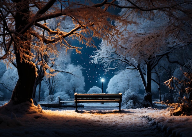 Un banc vert dans un parc couvert de neige en noir Un banc dans un parc enneigé la nuit