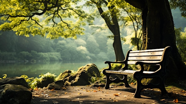 Banc vert de scène tranquille sous l'arbre d'automne dans la forêt