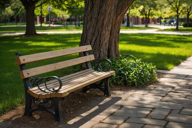 Un banc vide dans le parc avec de la verdure luxuriante