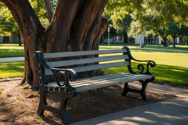 Un banc vide dans le parc avec de la verdure luxuriante