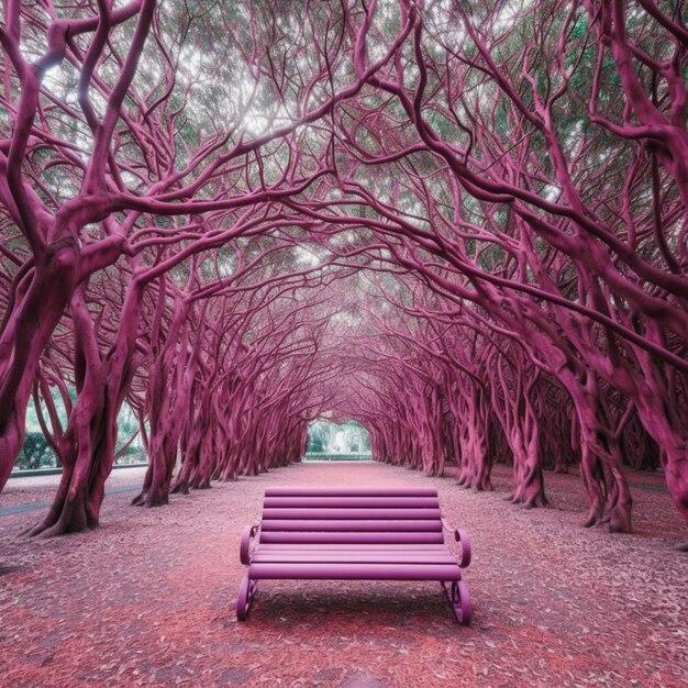 banc violet dans un parc avec des arbres et des feuilles sur le sol génératif ai