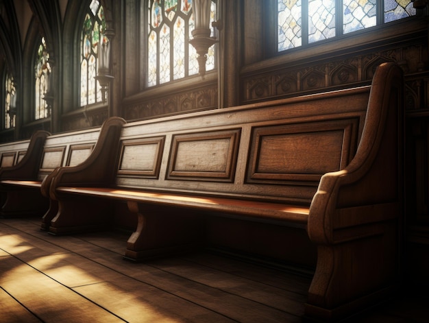 des bancs en bois dans l'église