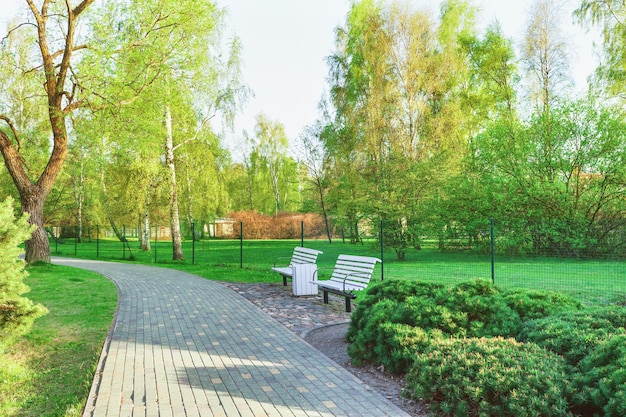 Bancs dans le parc Jurmalas à Ventspils de Lettonie. Ventspils est une ville de la région de Courlande en Lettonie. La Lettonie est l'un des pays baltes