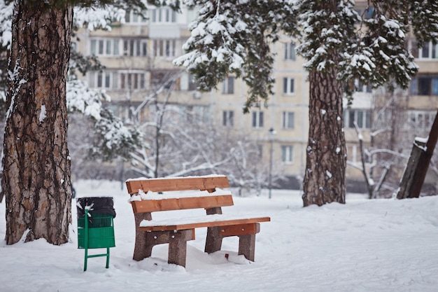 Bancs dans le parc de la ville d'hiver Rempli de neige