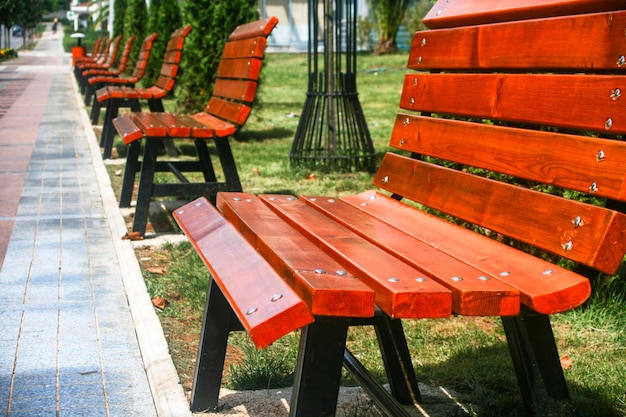 Bancs vides alignés sur le trottoir