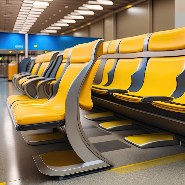 Bancs vides au terminal de l'aéroport Chaises d'attente avec signe de distance sociale marque de croix jaune