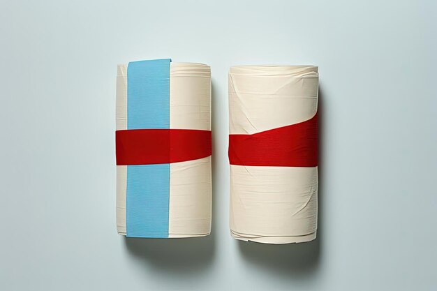 Photo bandages avec du ruban adhésif bleu et rouge sur un fond blanc dans le style d'images juxtaposées