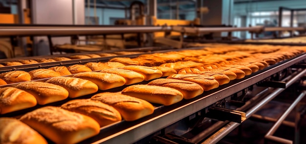 Bande de boulangerie de pain dans les produits de l'industrie alimentaire prêts pour l'emballage automatique Concept avec production alimentaire automatisée Generative AI