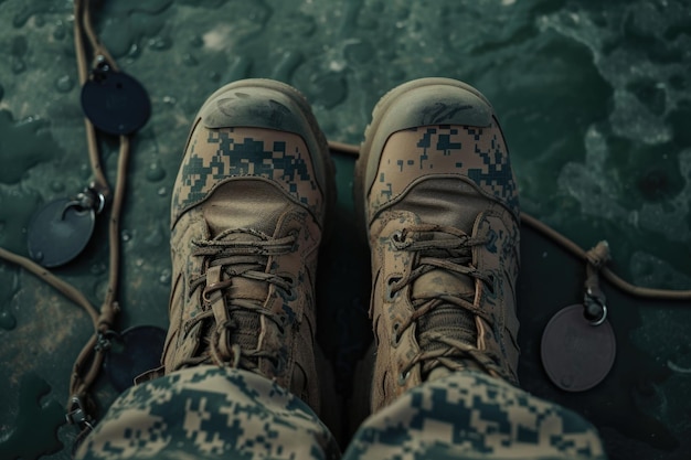 Bande de la branche de la marine américaine avec des étiquettes de chien et des bottes sur un fond uniforme vert olive