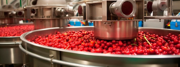 Photo bande de cerises dans les produits de l'industrie alimentaire prêts pour l'emballage automatique concept avec production alimentaire automatisée ai générative