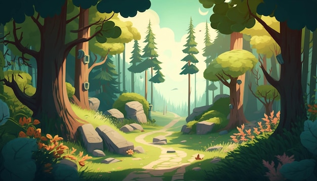 Bande dessinée illustration d'un chemin dans une forêt avec des rochers et des arbres générative ai