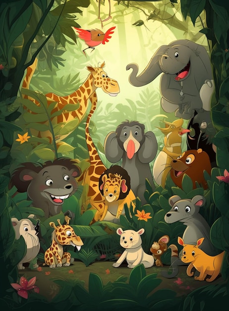 Bande dessinée illustration d'un groupe d'animaux sauvages dans la jungle ai générative