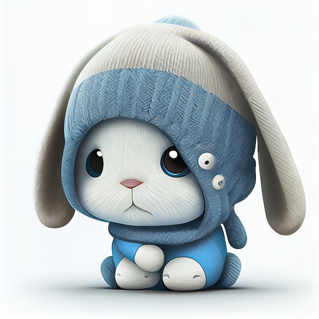 Bande dessinée mignonne de lapin portant un bonnet avec un pull et une cabane