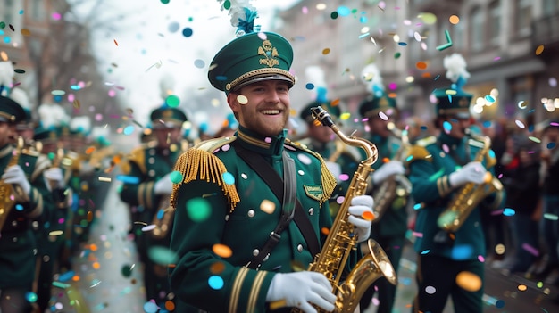 Une bande énergique en uniformes verts lors du défilé de la fête de Saint-Patrick