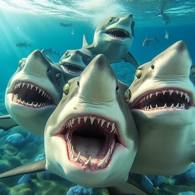 Bande de requins idiots prenant un selfie Generative AI