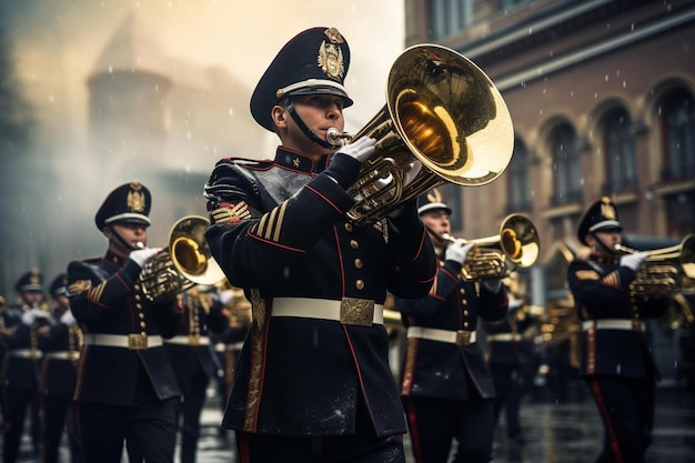 une bande de soldats jouant du trombone dans une rue.