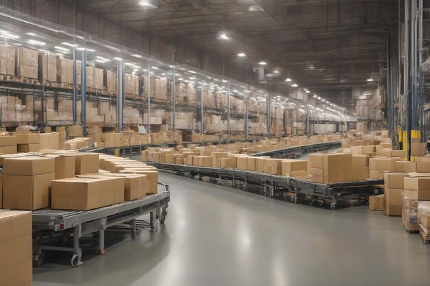 Photo bande transportatrice dans un entrepôt de distribution avec une rangée de paquets de boîtes en carton pour le commerce électronique