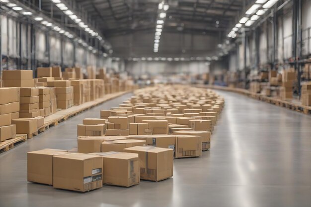 Photo bande transportatrice dans un entrepôt de distribution avec une rangée de paquets de boîtes en carton pour le commerce électronique