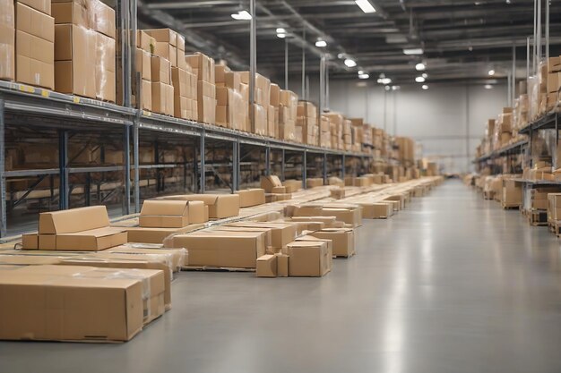 Photo bande transportatrice dans un entrepôt de distribution avec une rangée de paquets de boîtes en carton pour le commerce électronique