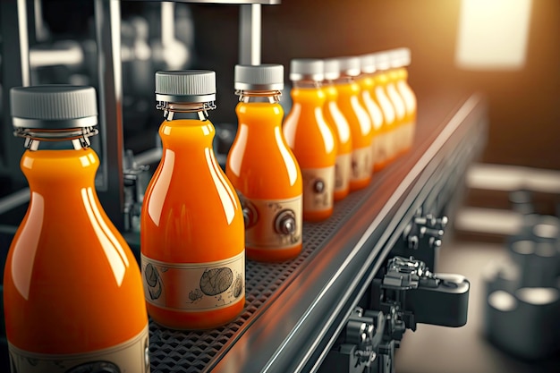 Photo bande transporteuse avec jus en bouteilles remplissant la chaîne de production industrielle d'aliments et de boissons