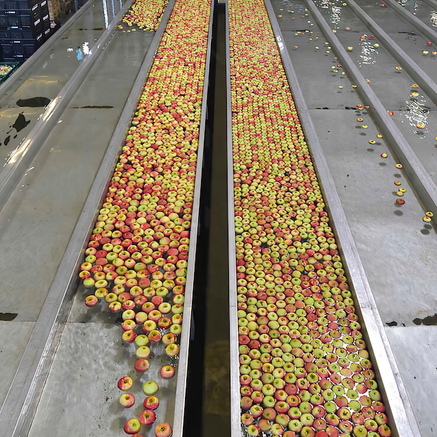 Bande transporteuse avec des pommes. Gamme de produits d'usine alimentaire