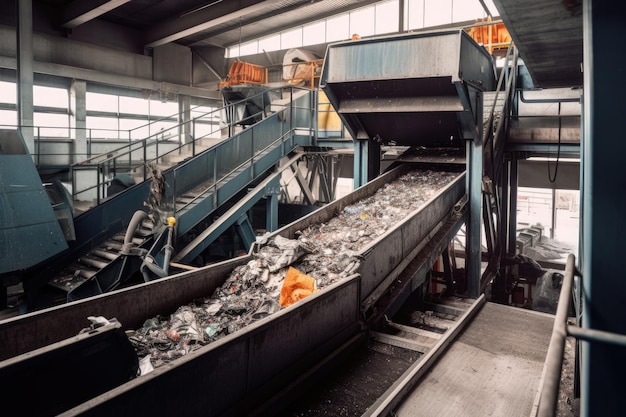 Bande transporteuse avec tas de déchets à l'usine de recyclage Generative AI