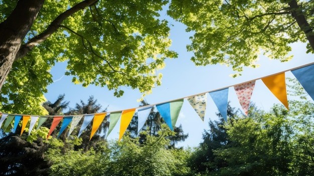 Des banderoles colorées à la fête avec des arbres derrière