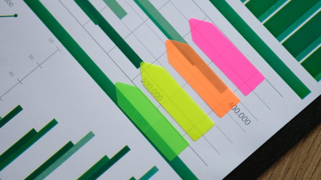 Bandes autocollantes colorées sur les notes du graphique d'analyse commerciale dans le concept de rapports marketing