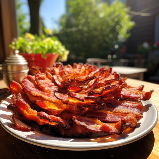 Photo des bandes de bacon croustillantes au four sur la table un jour ensoleillé ia générative