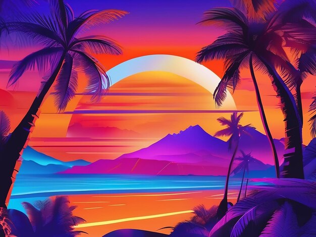 Des bandes dessinées de fête de style disco illustrent un coucher de soleil orange vif sur la plage, une montagne bleue, un palmier violet.