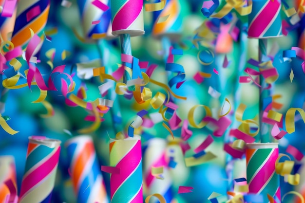 Des bandes de fête colorées et un fond de confetti