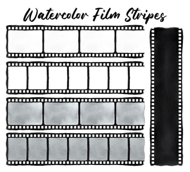 Photo bandes de film aquarelle ensemble de cinéma dessiné à la main isolé sur fond blanc