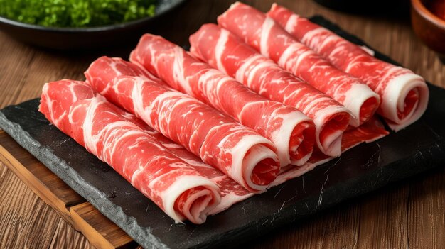 Photo des bandes minces et tendres de bœuf crues étaient posées sur une planche à couper en bois avec une variété d'épices et d'herbes