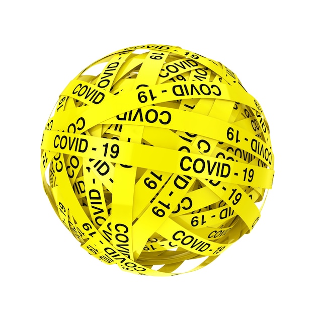 Bandes de ruban jaune COVID-19 en forme de boule ou de sphère sur fond blanc. Rendu 3D