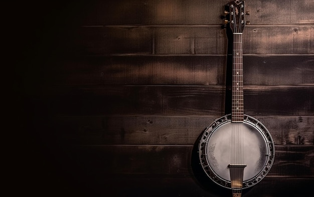 Un banjo est accroché à un mur en bois.