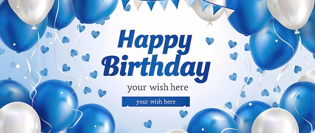 Banner d'anniversaire heureux à l'arrière-plan avec des ballons bleus et blancs décoration de guirlande et texte "Happy Birthday"