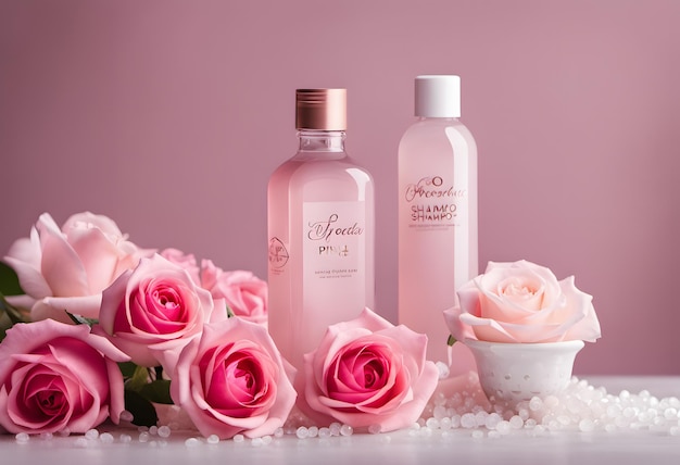 Banner de bouteille avec des fleurs roses