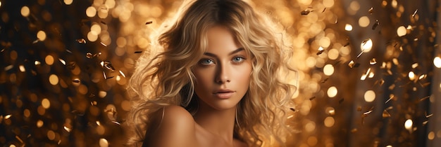 Banner Femme aux cheveux blonds ondulés sur un fond clair bokeh doré étincelant concept de beauté